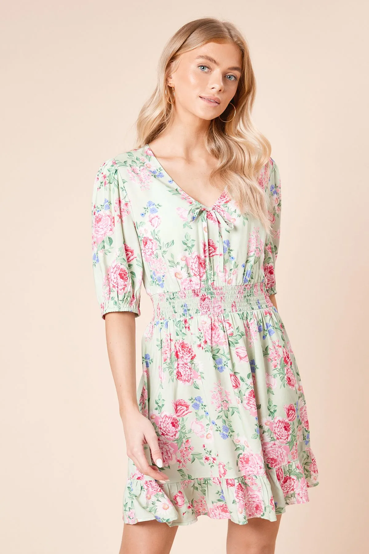 Green Floral Tie Front Frill Sleeve Mini Dress