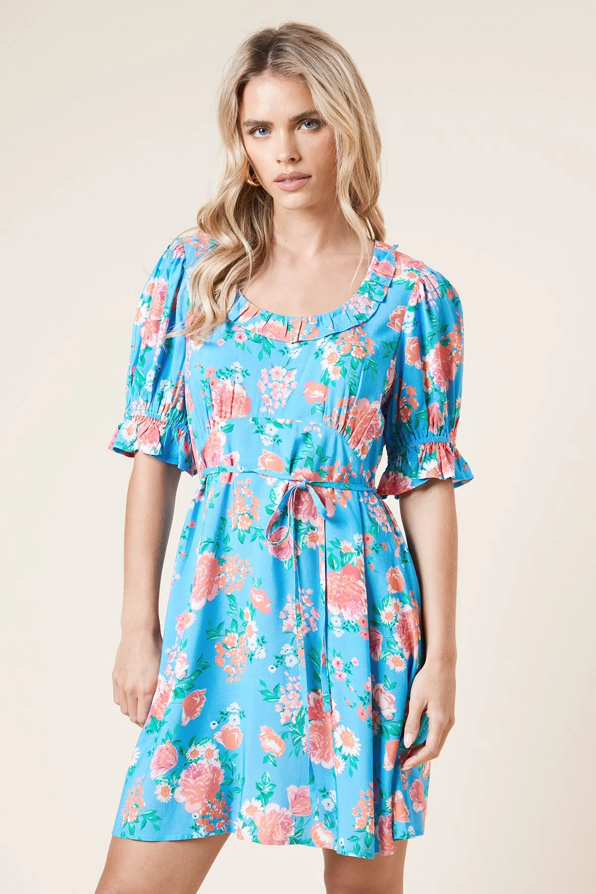 Petite Floral Frill Neckline Tie Back Mini Dress