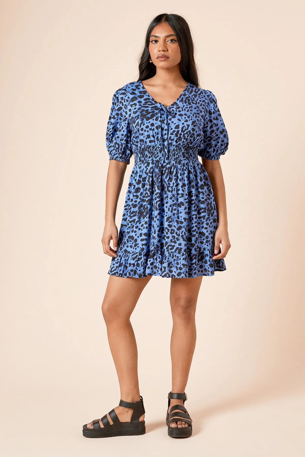 Petite Animal Tie Front Frill Sleeve Mini Dress