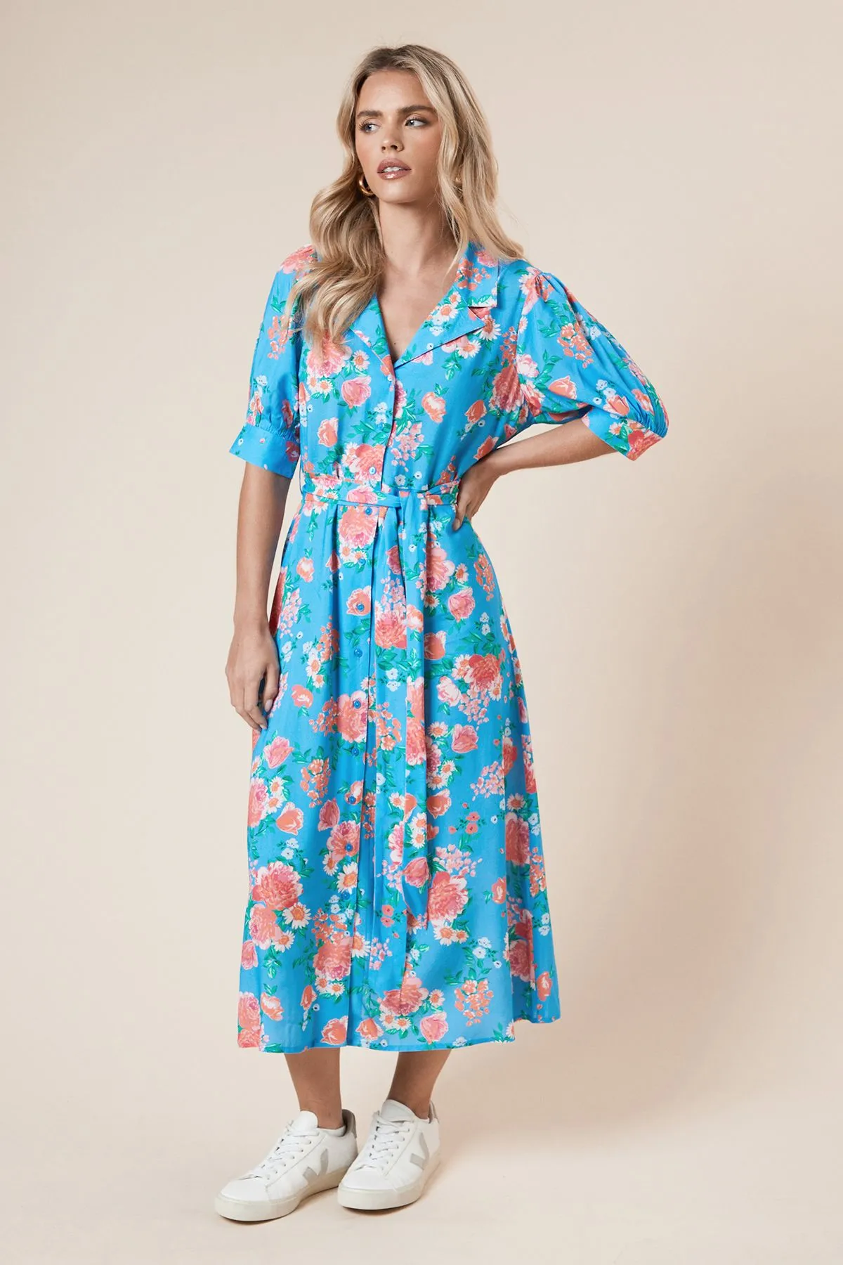 Petite Blue Floral Belted Puff Sleeve Shirt Dress