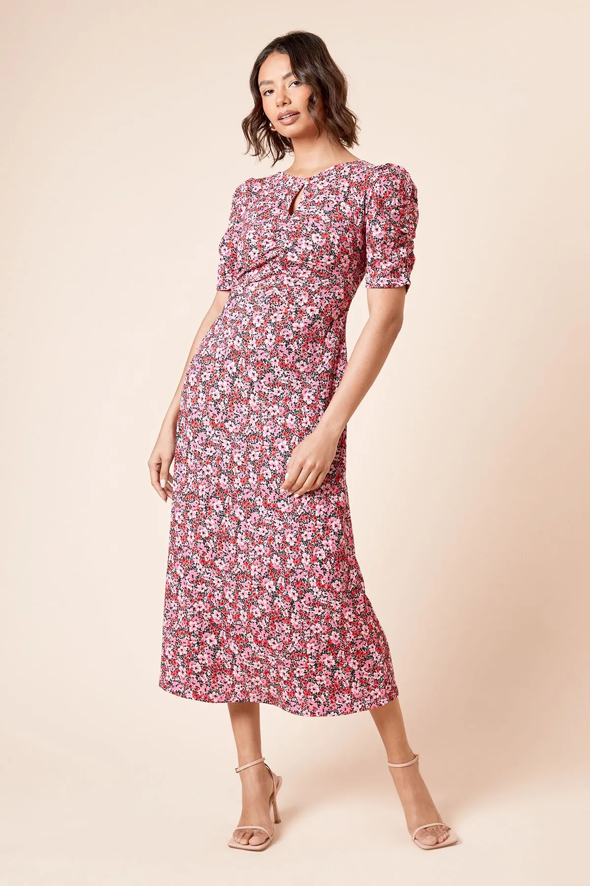 Short Sleeve Multi Floral Keyhole Jersey Midi Dress