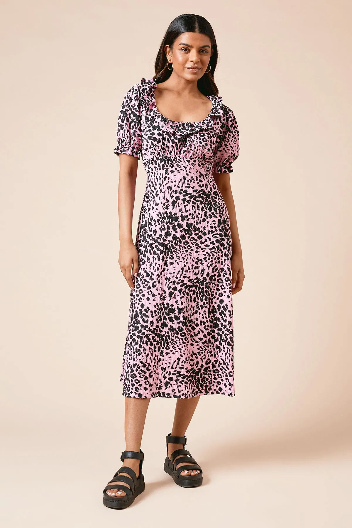 Petite Animal Frill Neck Jersey Midi Dress