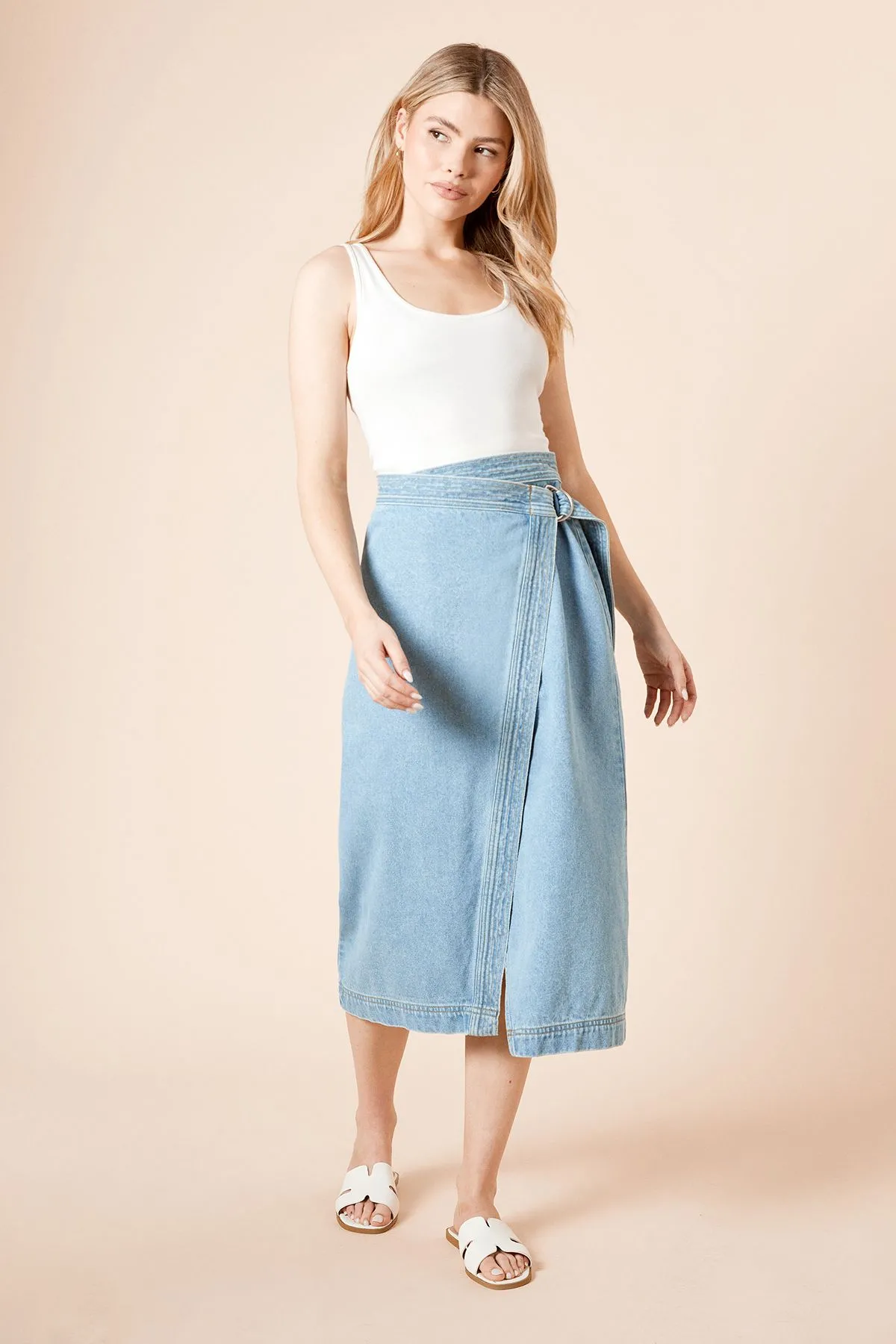Wrap Front Denim Midi Skirt