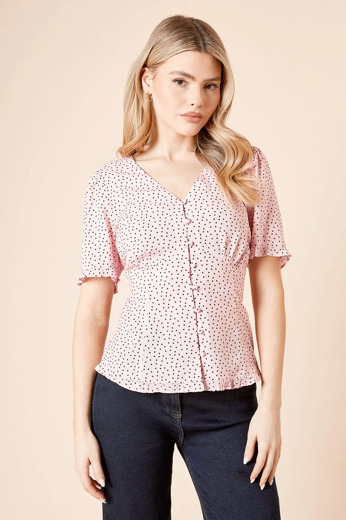Pink Spot Button Up Frill Detail Top
