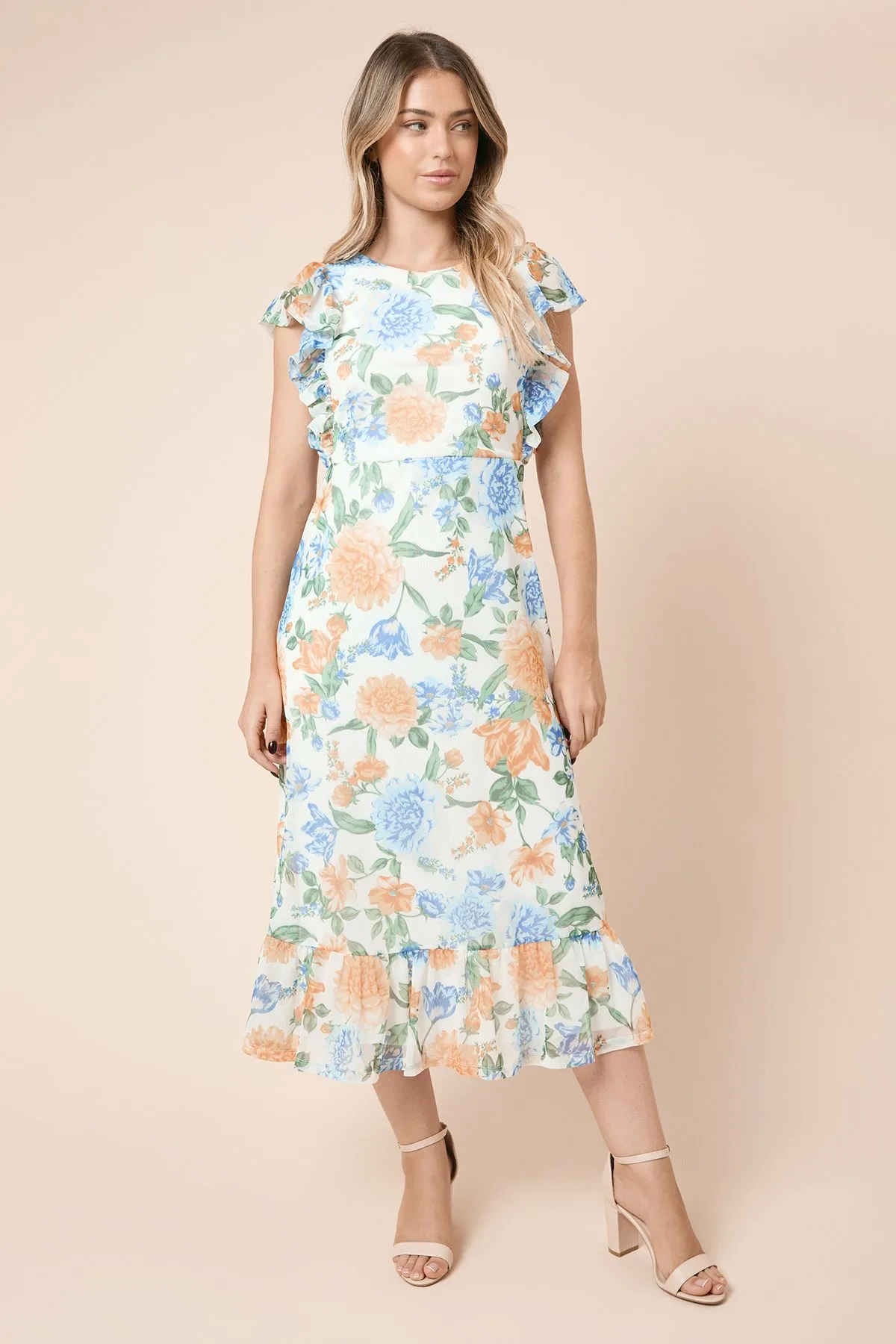 Floral Frill Sleeve Belt Detail Mesh Jersey Midi Dress