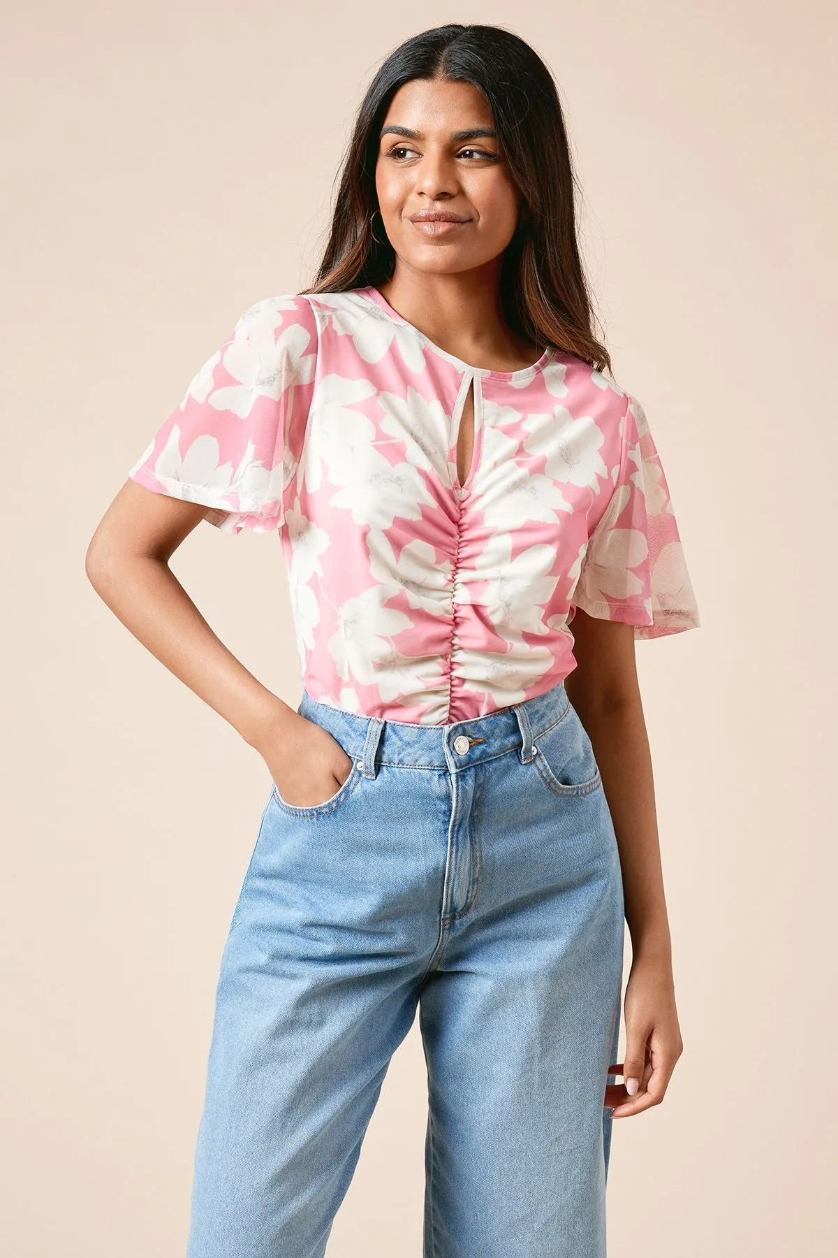 Petite Pink Floral Keyhole Ruched Front Angel Sleeve Jersey Mesh Top
