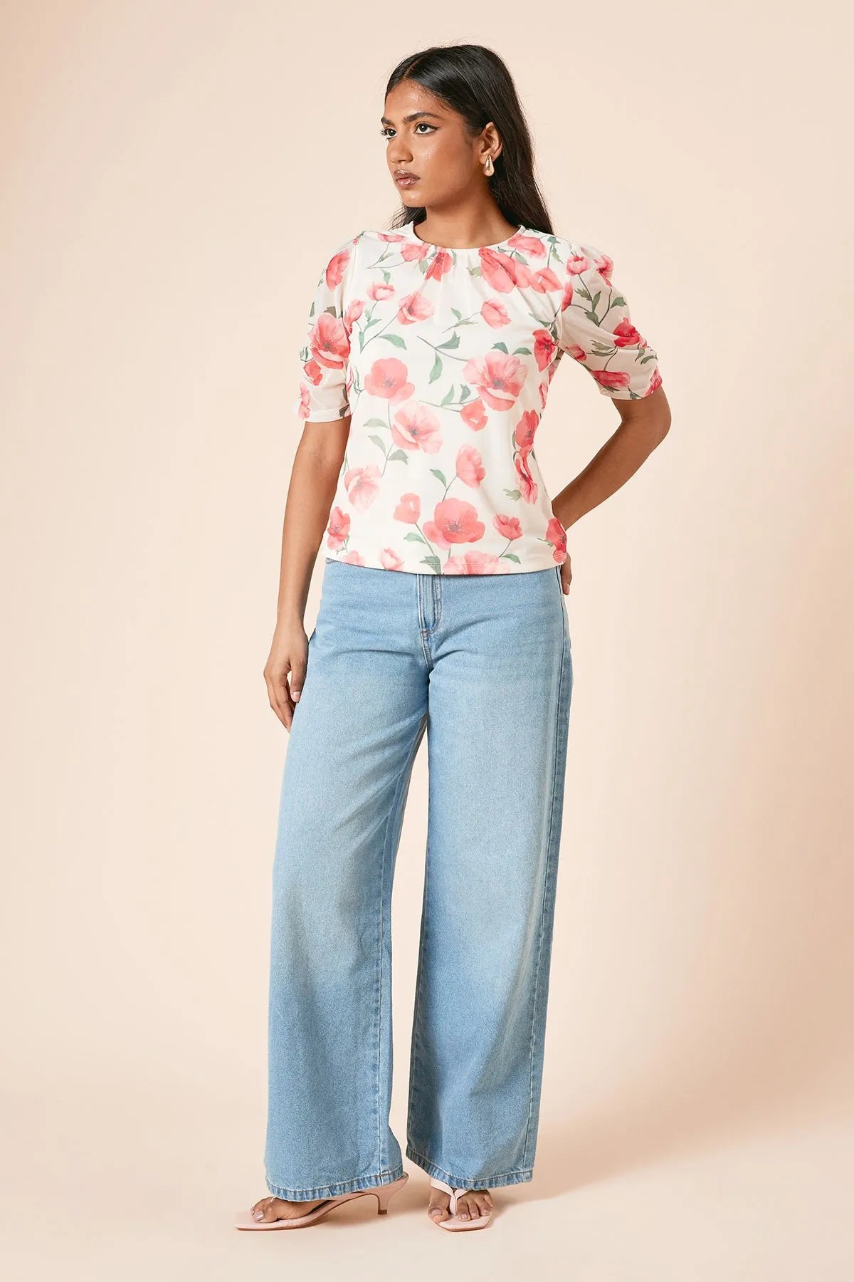 Petite Floral Gathered Neckline Puff Sleeve Jersey Mesh Top