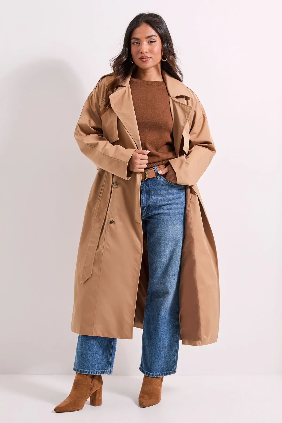 Petite Longline Double Breasted Belted Trench Coat