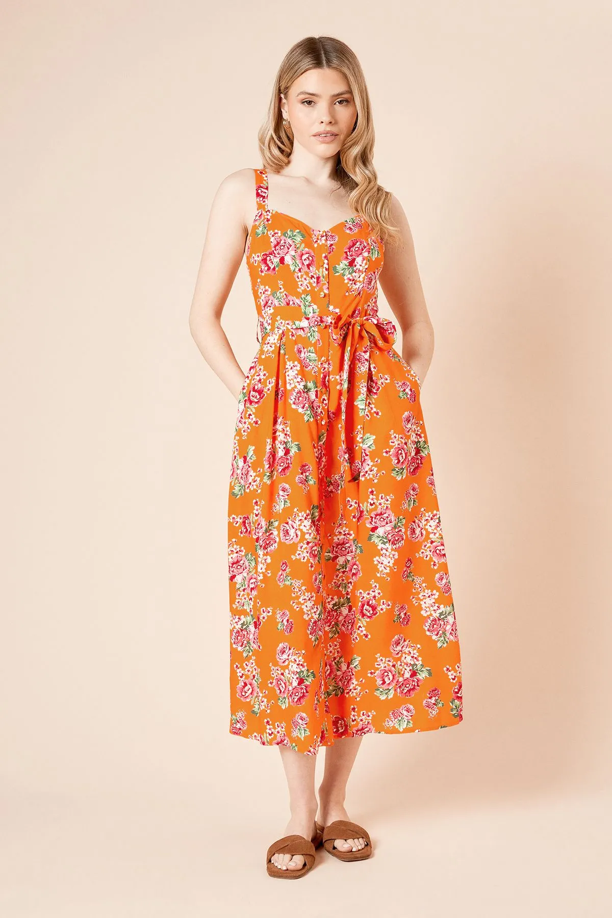 Floral Printed Button Up Belted Linen Midi Dress