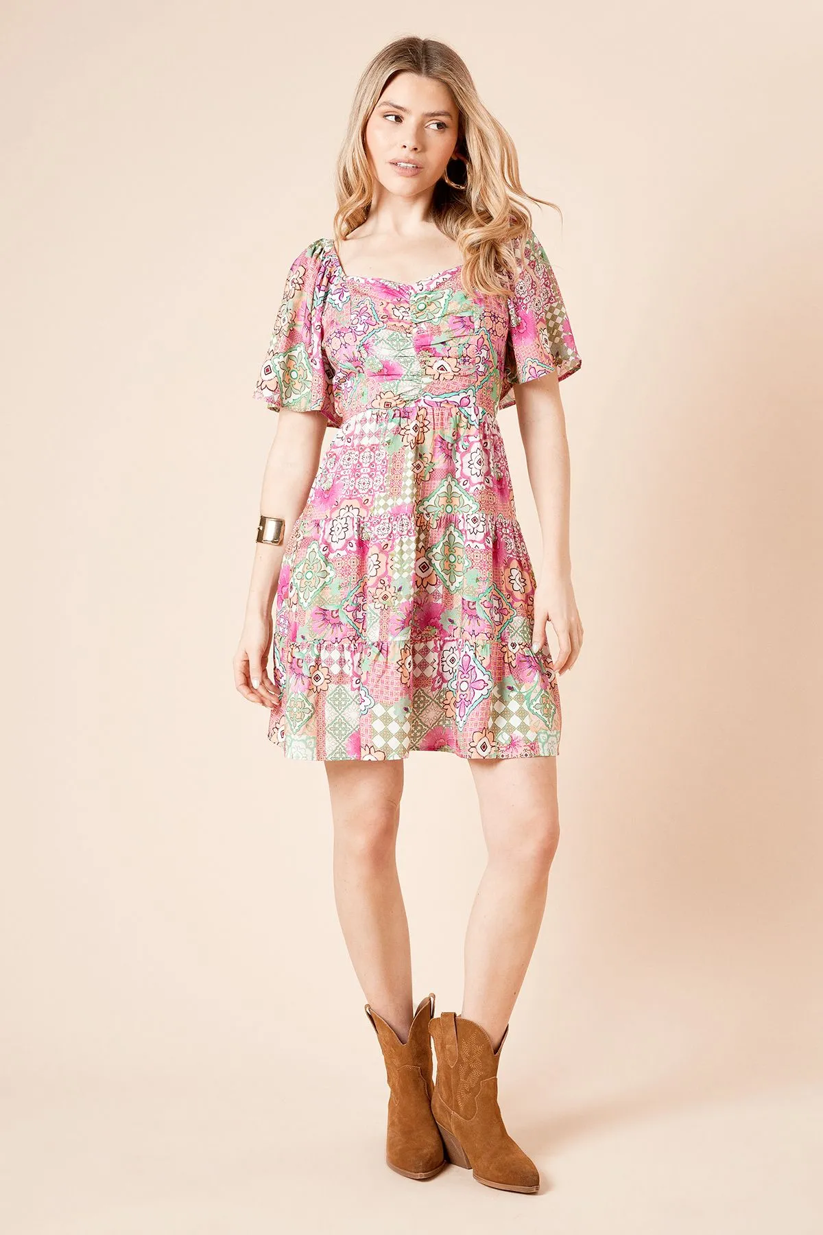 Tile Angel Sleeve Tiered Mini Dress