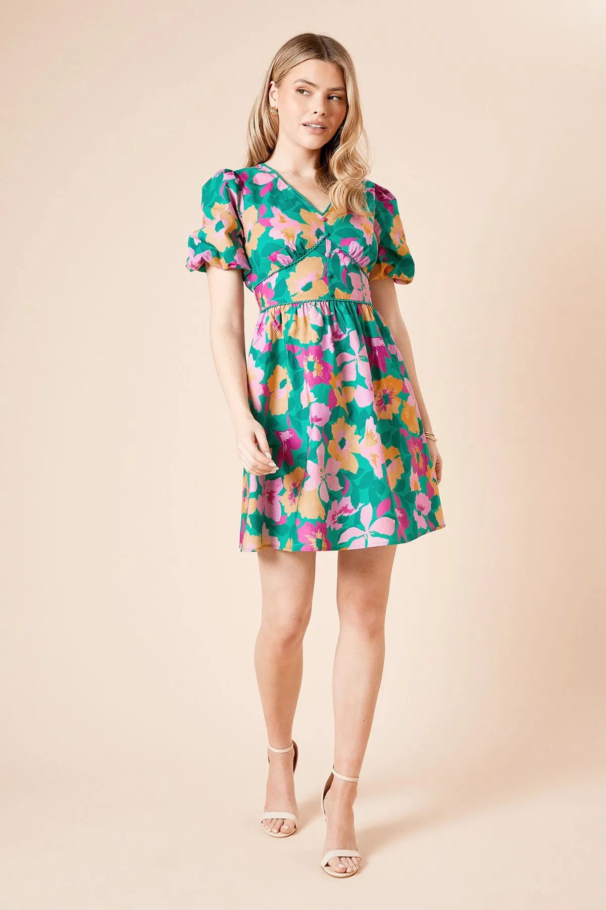 Floral Trim Detail Puff Sleeve Mini Dress