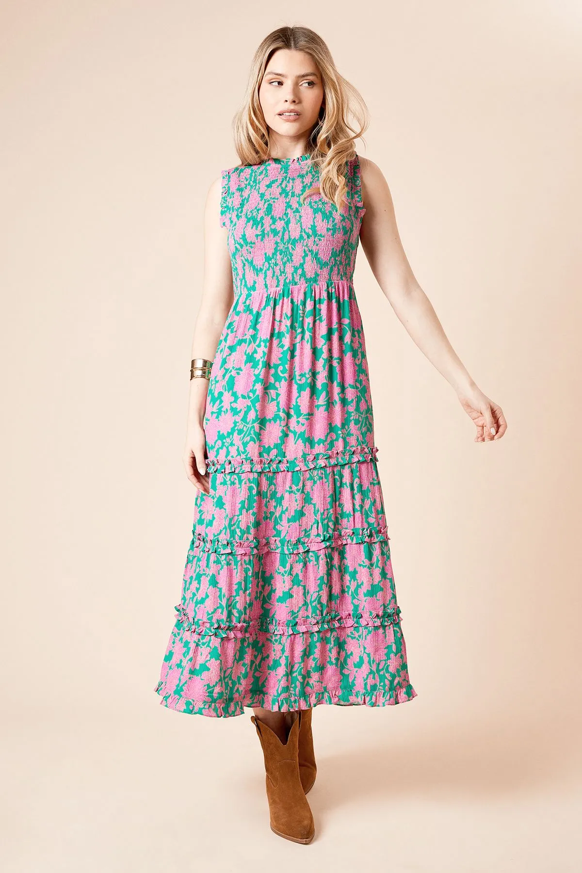 Floral Frill Detail Shirred Bodice Tiered Midi Dress