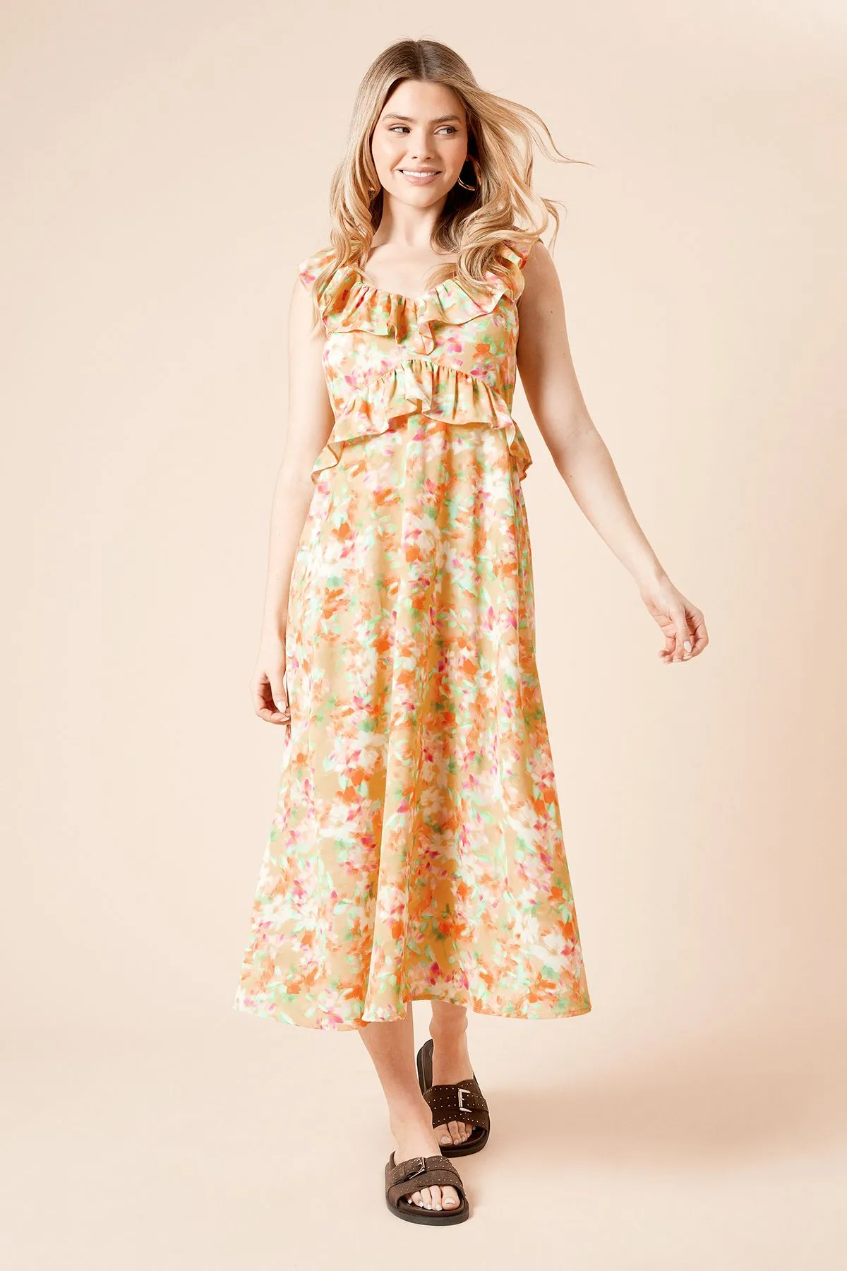 Floral Frill Neckline Tie Back Midi Dress