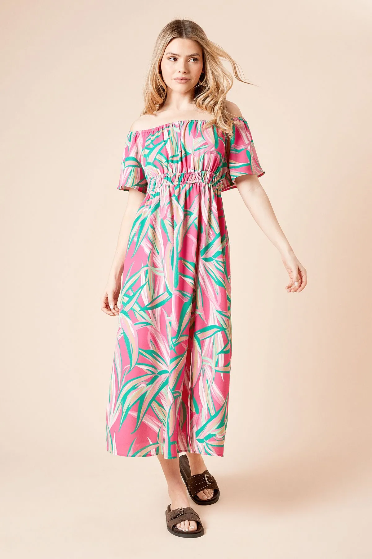 Palm Bardot Full Skirted Midi Dress