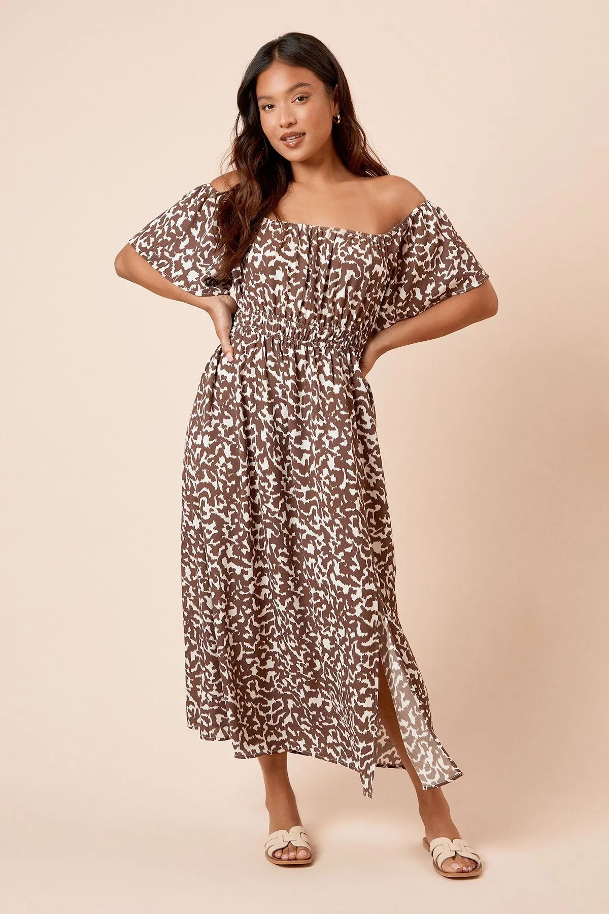 Petite Mono Bardot Full Skirted Midi Dress