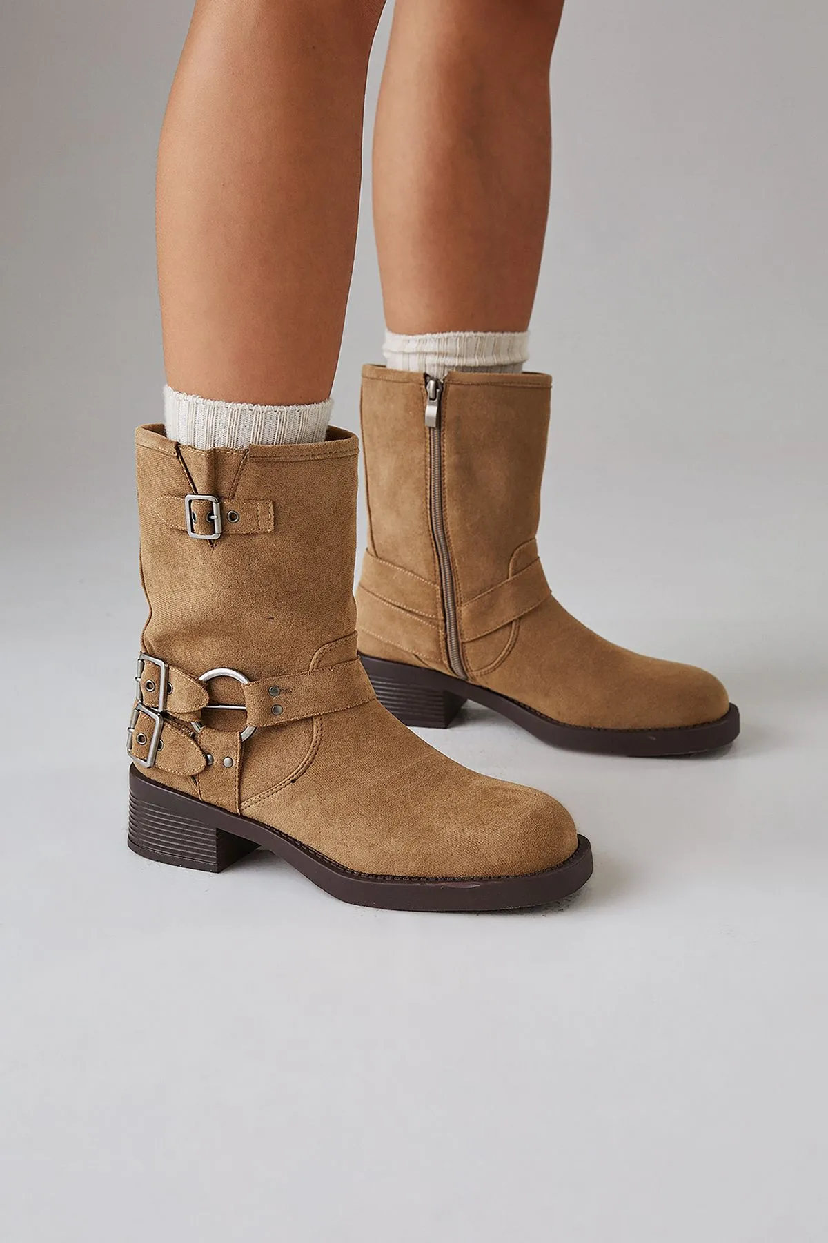 Faith: Eostre Faux Suede Chunky Biker Calf Boots