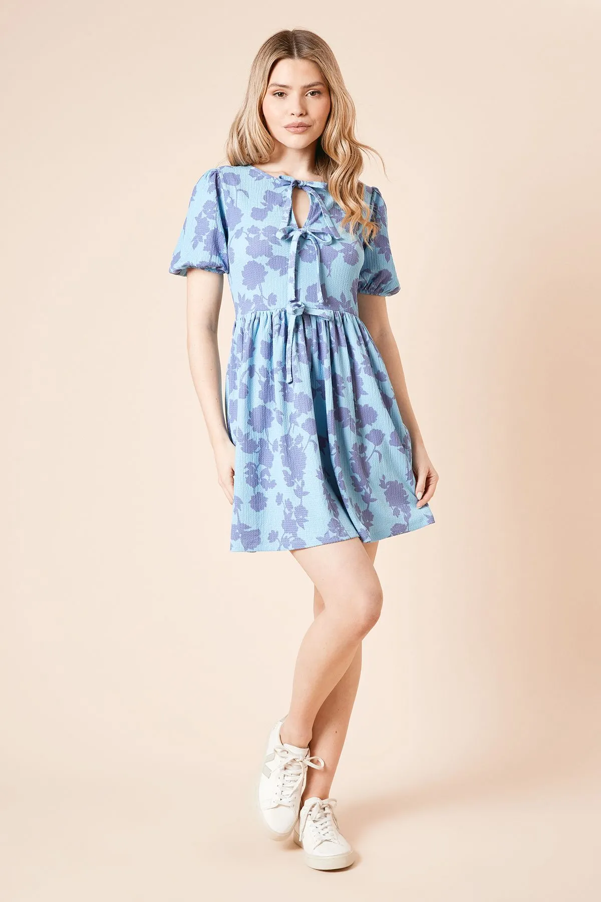 Blue Floral Bow Tie Front Puff Sleeve Jersey Mini Dress