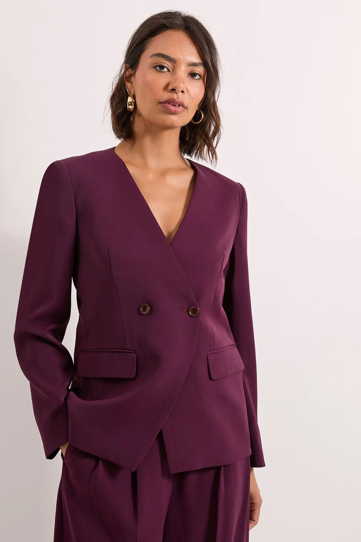 V Neck Longline Double Breasted Blazer