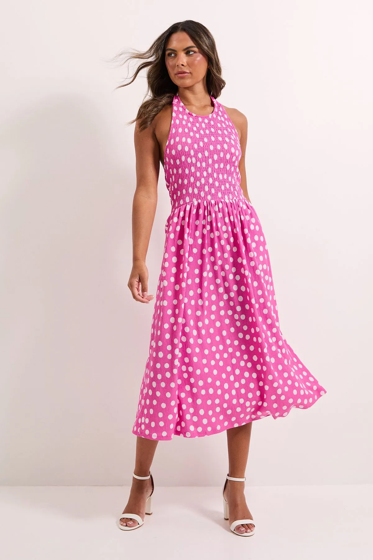 Pink Spot Shirred Bodice Halterneck Jersey Midi Dress
