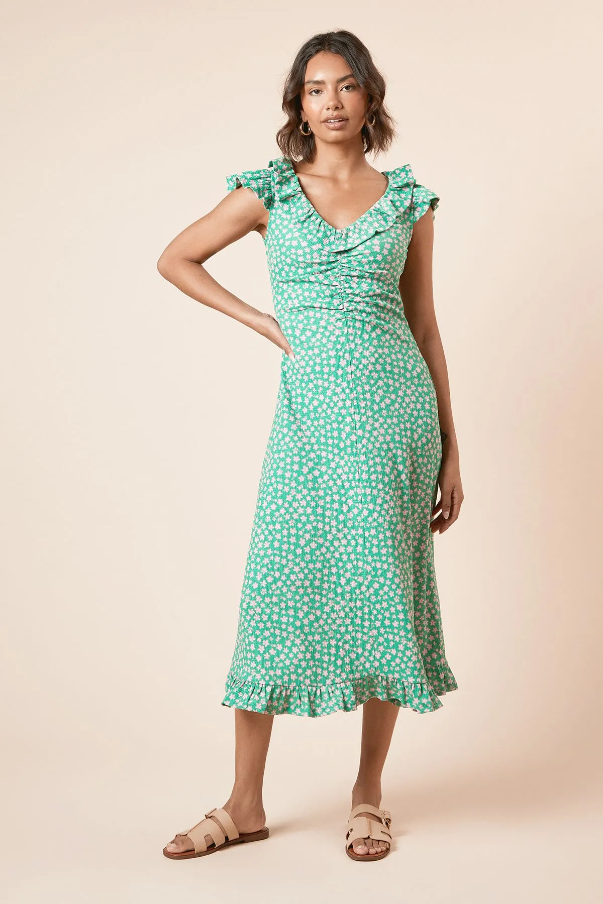 Green Ditsy Frill Neck Ruched Front Jersey Midi Dress