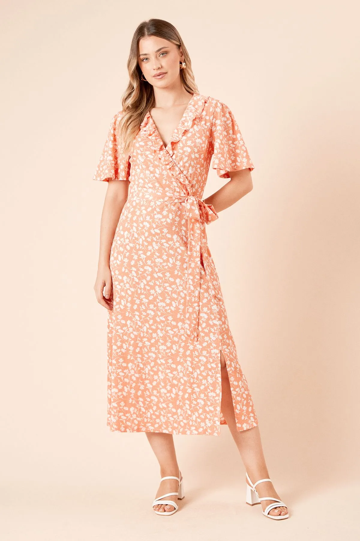 Coral Ditsy Ruffle Neck Angel Sleeve Wrap Jersey Midi Dress