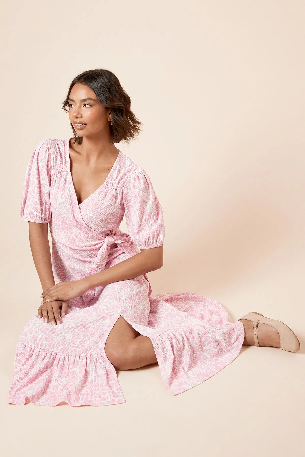 Pink Floral Puff Sleeve Wrap Front Midi Dress