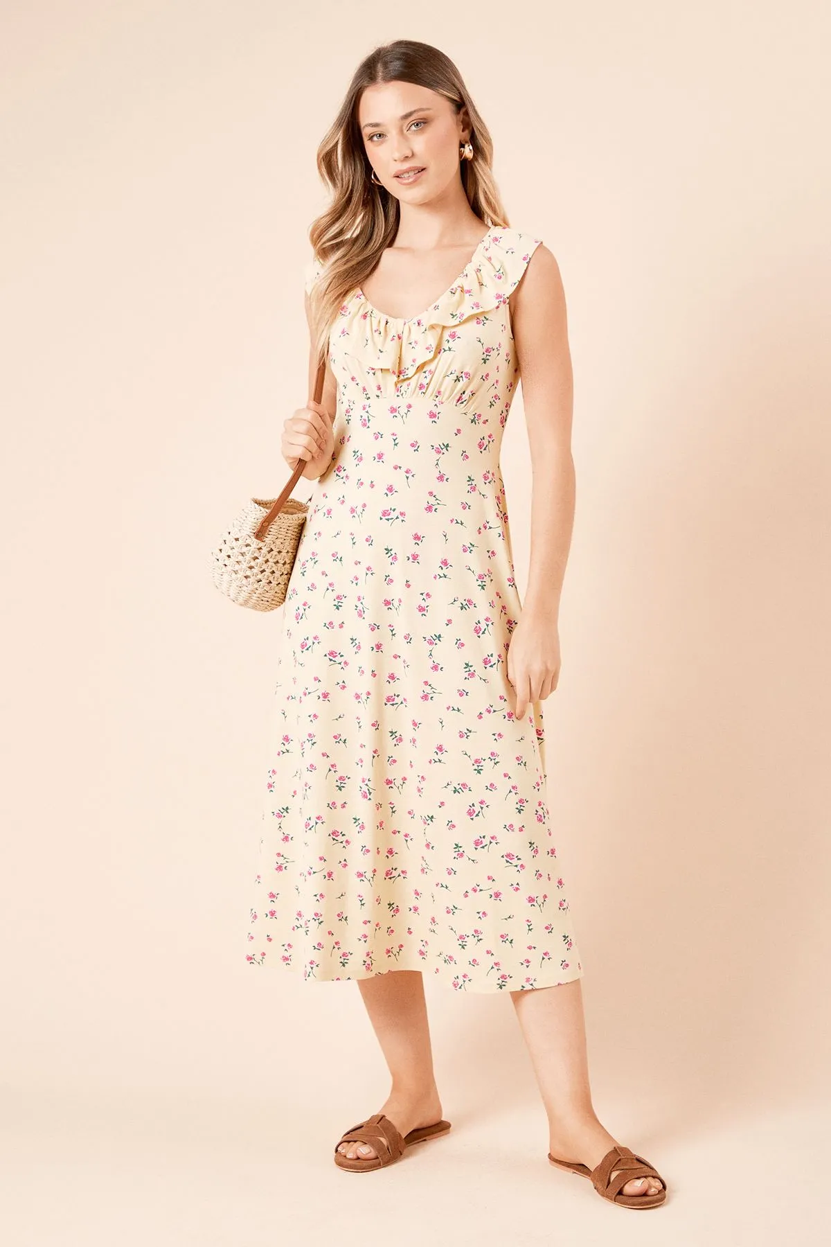 Yellow Ditsy Frill Neck Empire Midi Dress