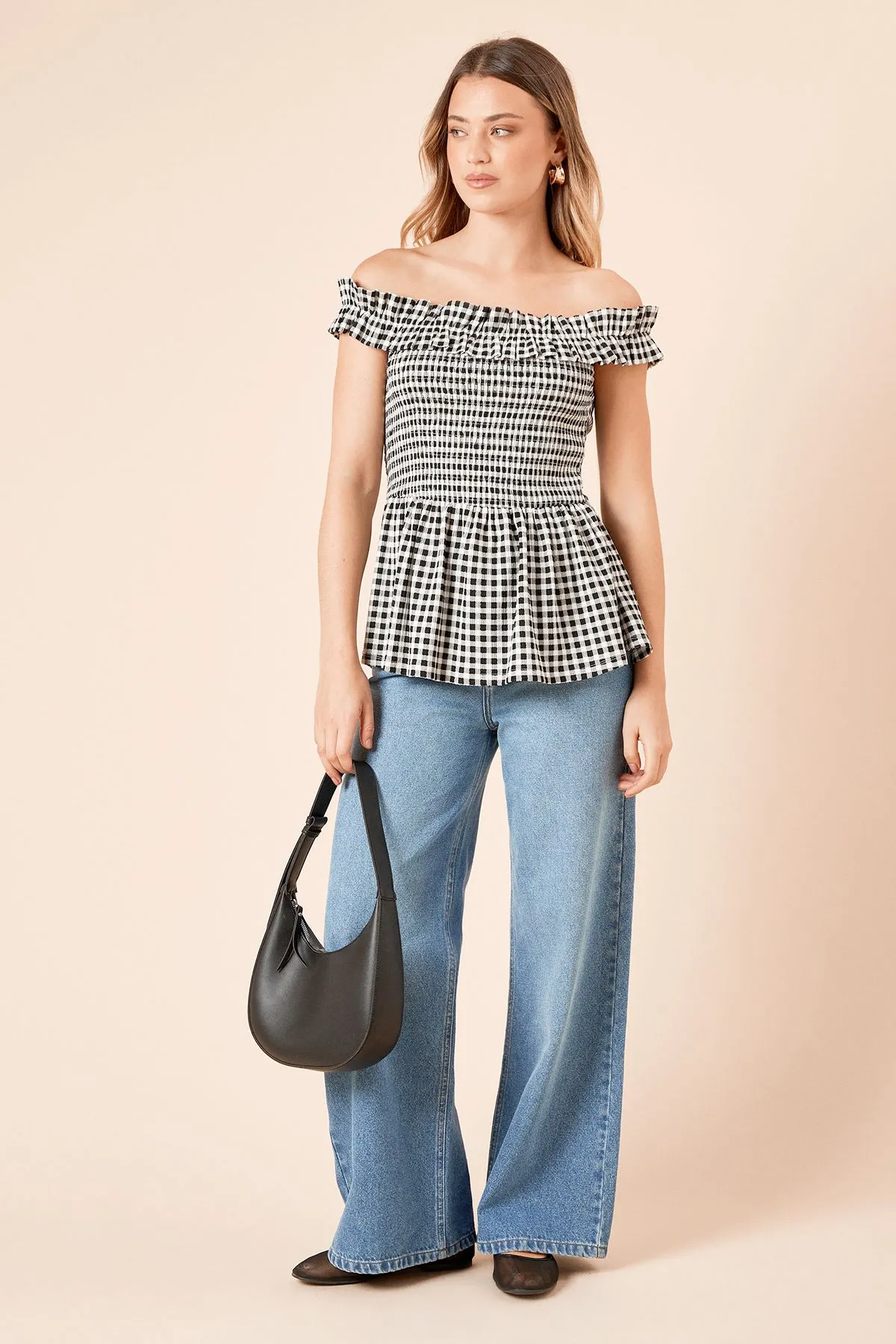 Gingham Shirred Bodice Bardot Peplum Top