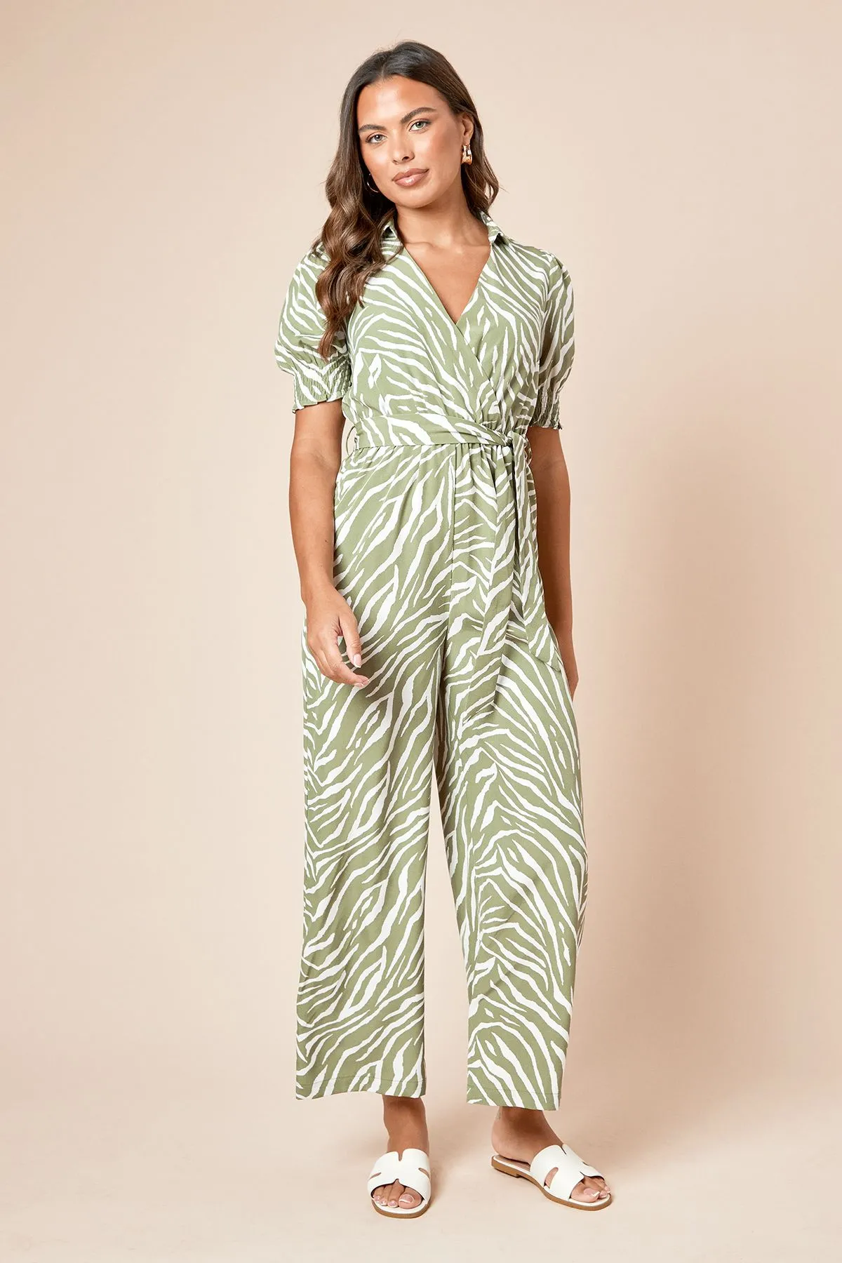 Zebra Wrap Front Puff Sleeve Jumpsuit