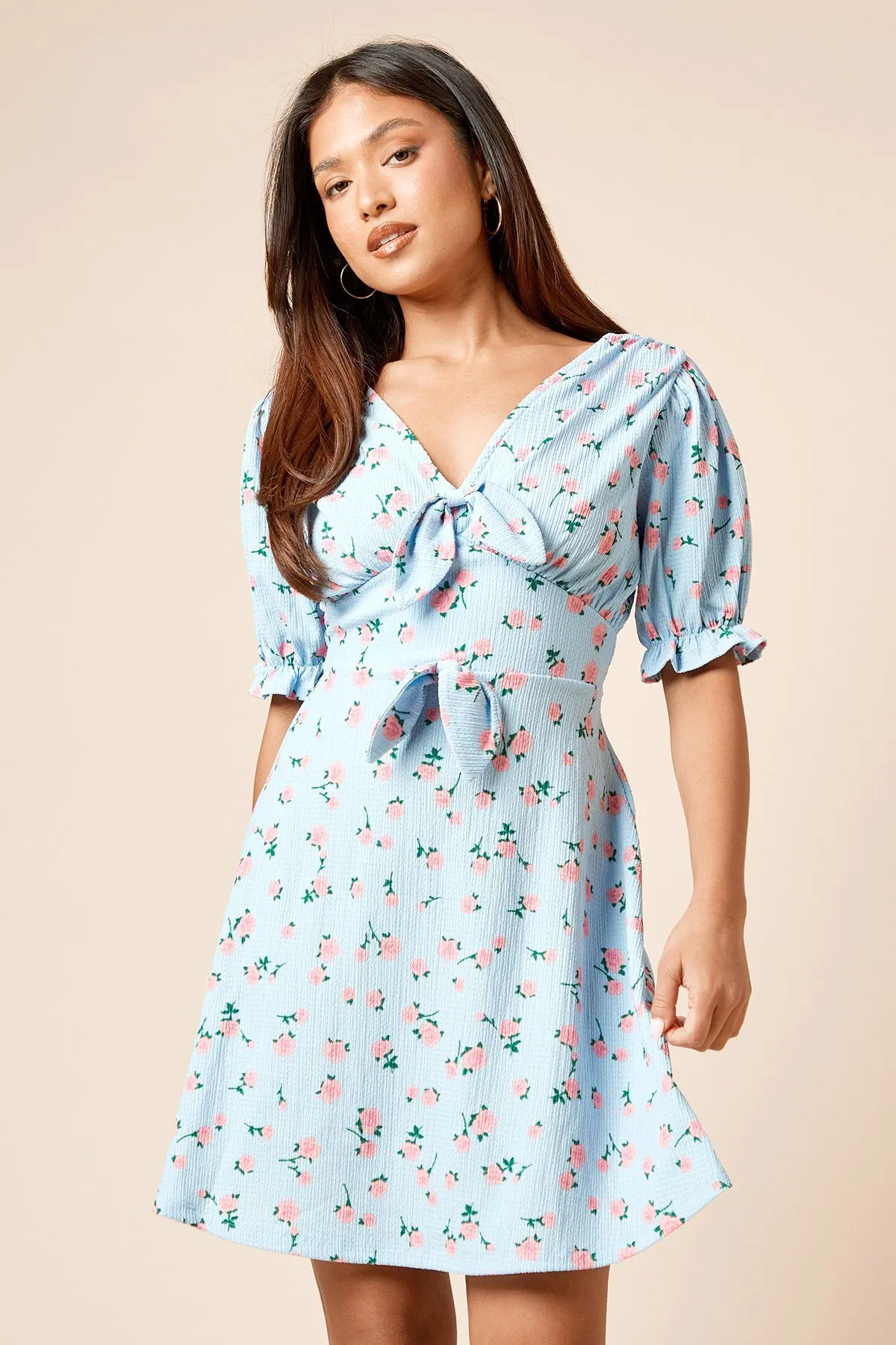 Petite Blue Floral Bow Front Puff Sleeve Jersey Mini Dress