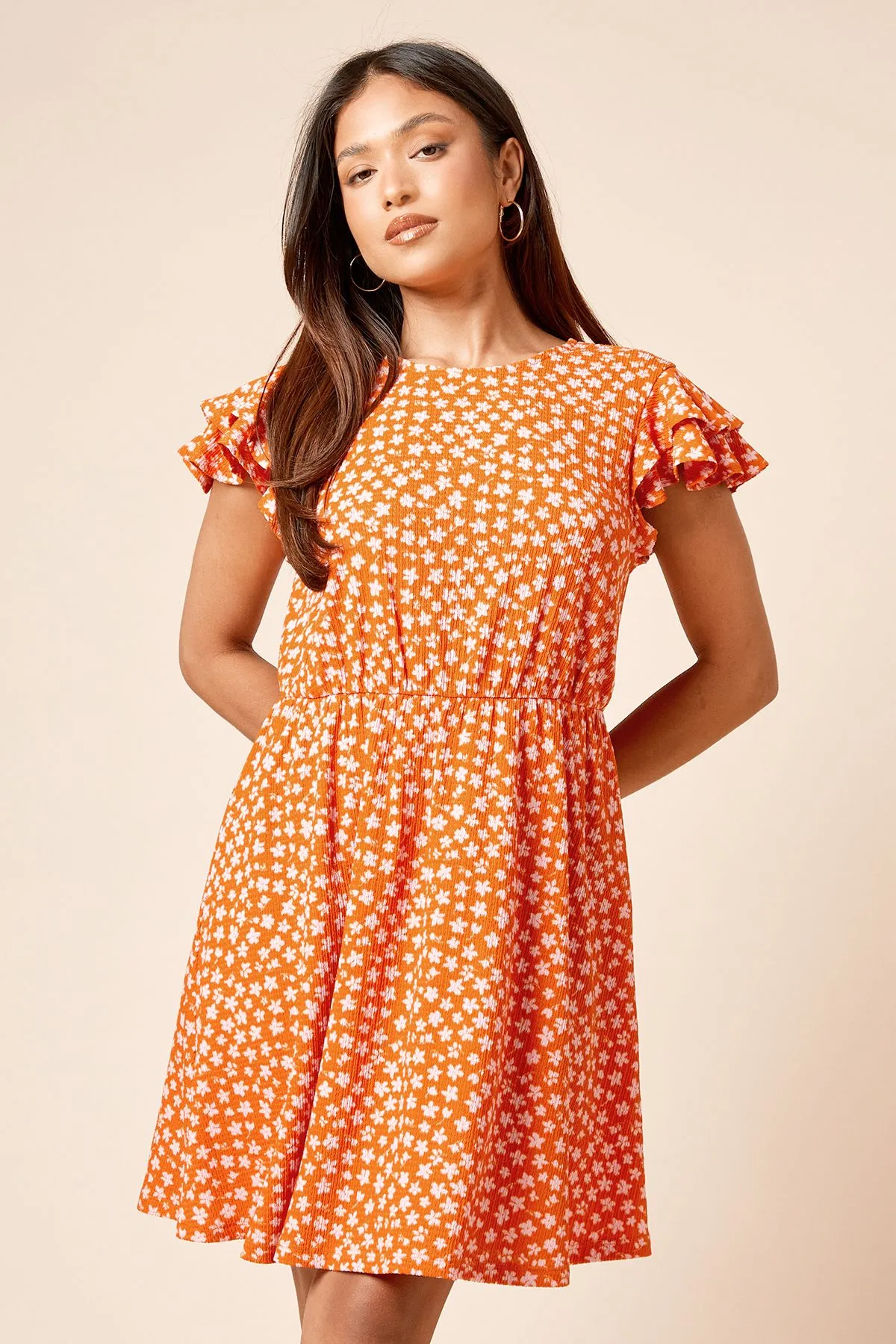 Petite Orange Ditsy Double Angel Sleeve Jersey Mini Dress