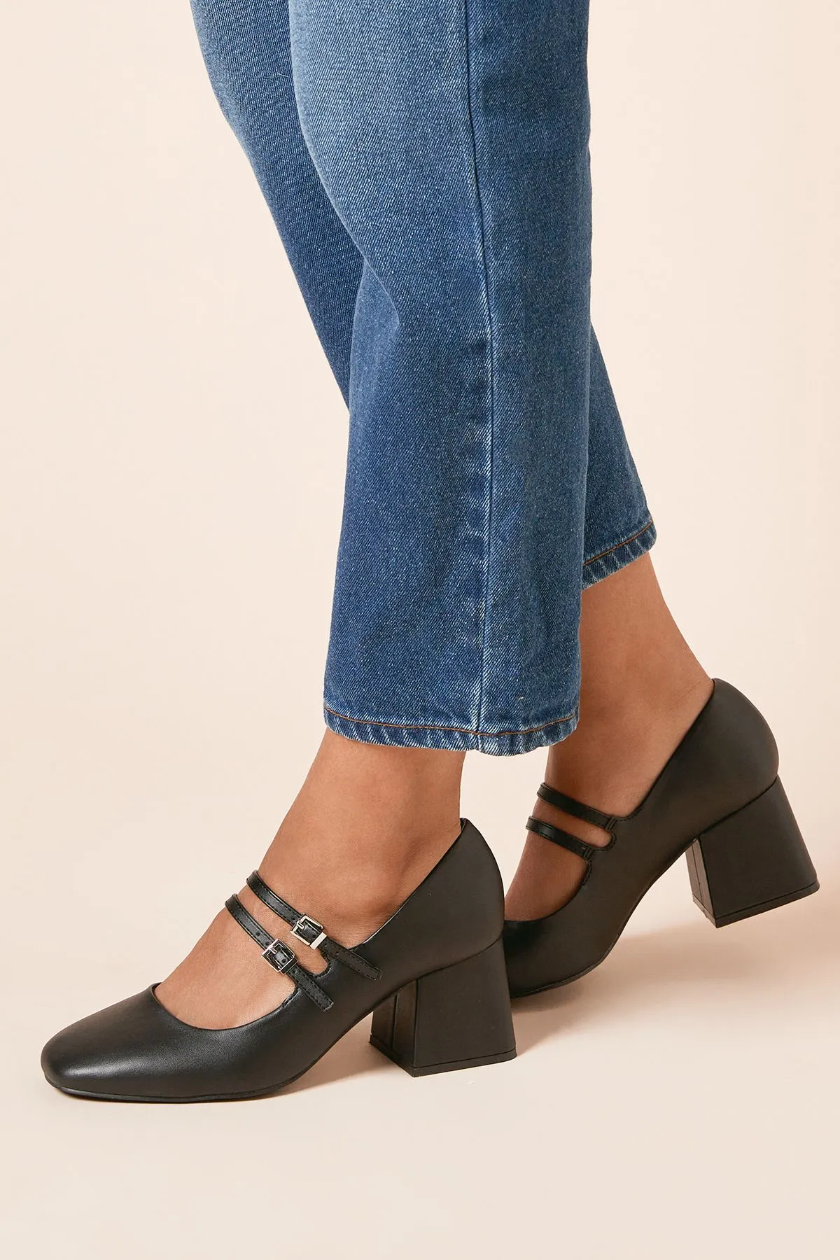 Wide fit Dawn Faux Leather Double Mary Jane Mid  Block Heel Court Shoes