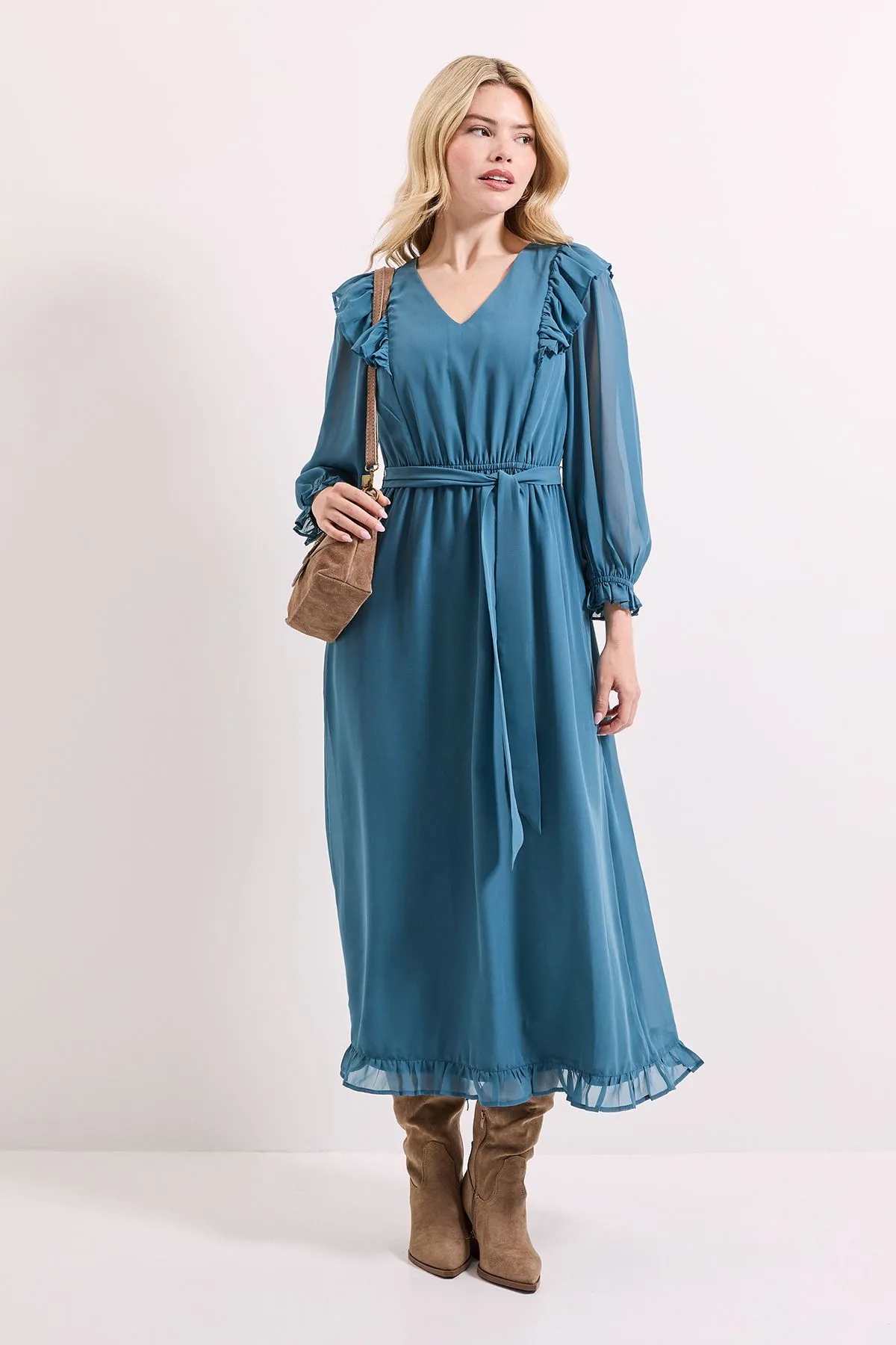 Blouson Sleeve Frill Midi Dress