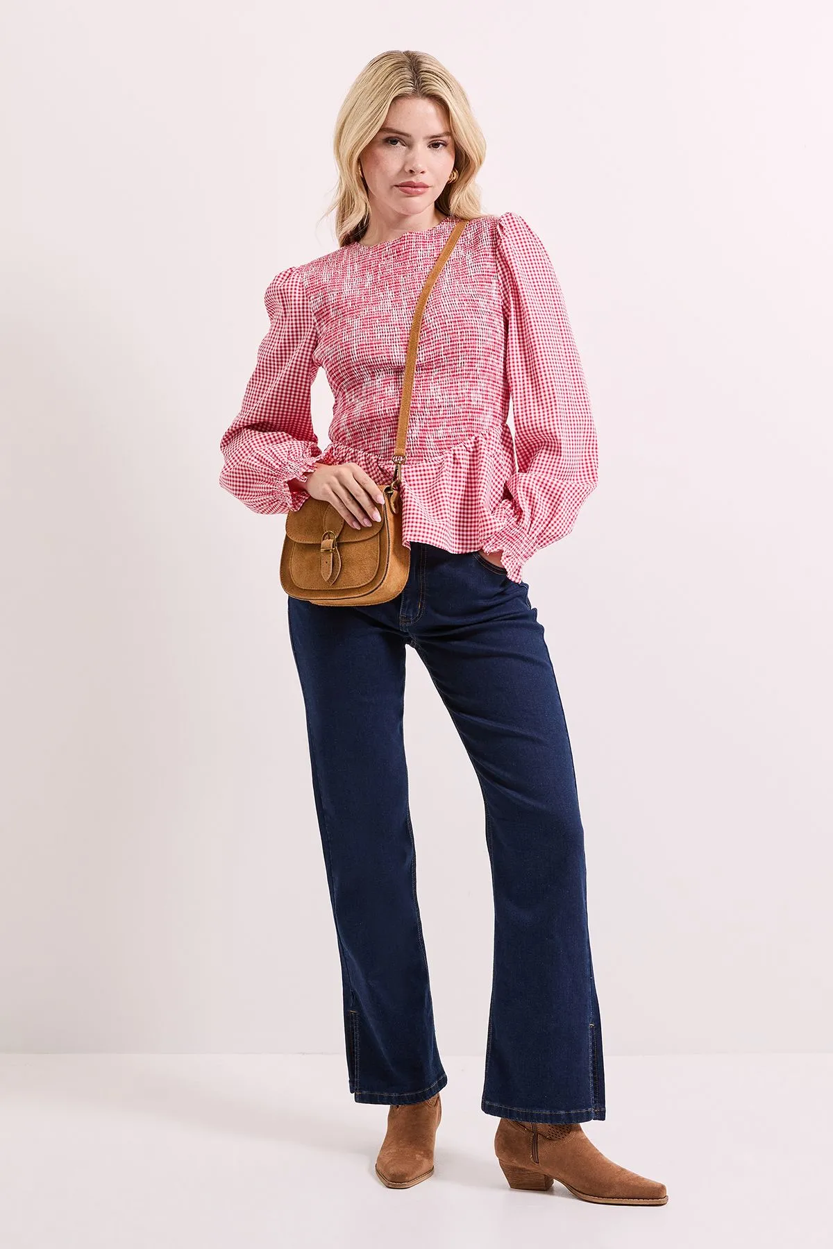 Gingham Shirred Bodice Blouson Sleeve Peplum Top