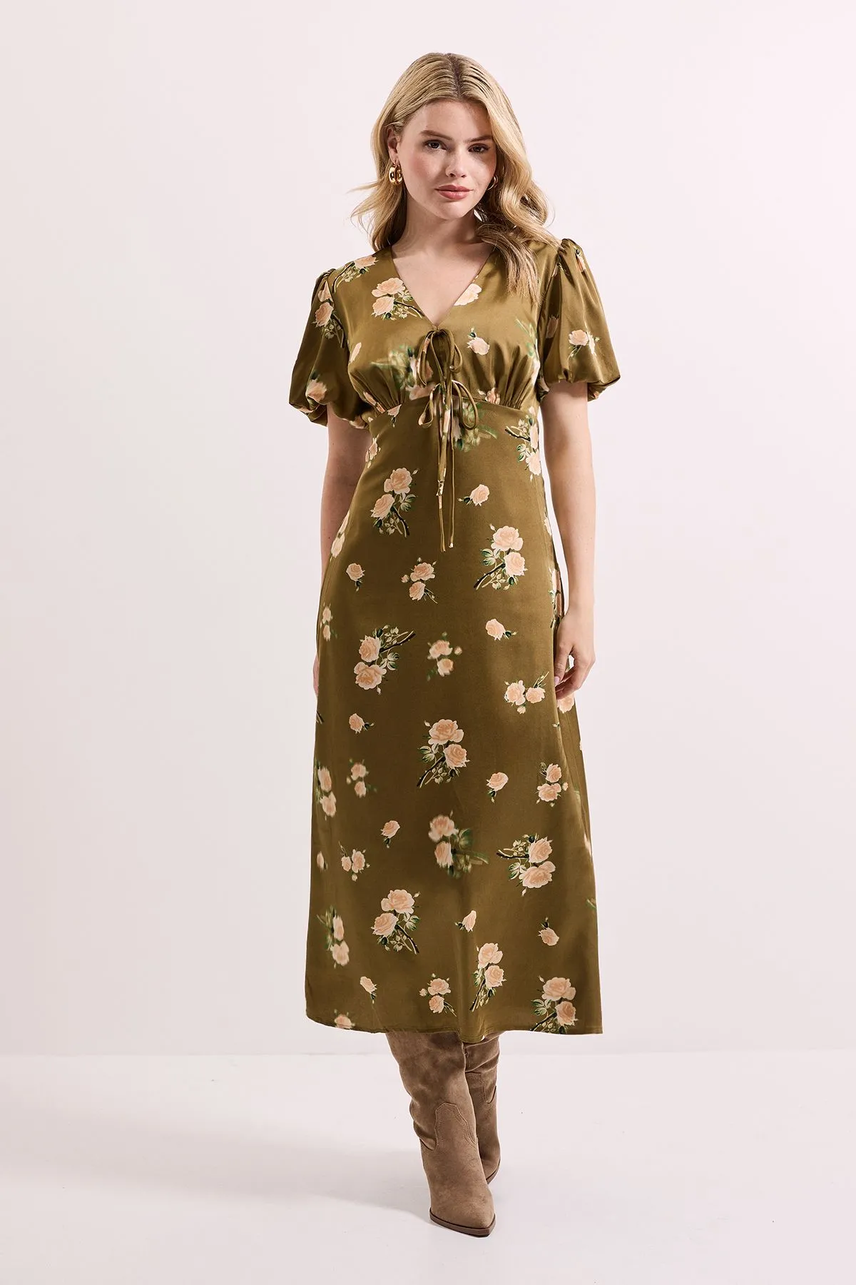 Floral Tie Front Button Up Puff Sleeve Midi Dress