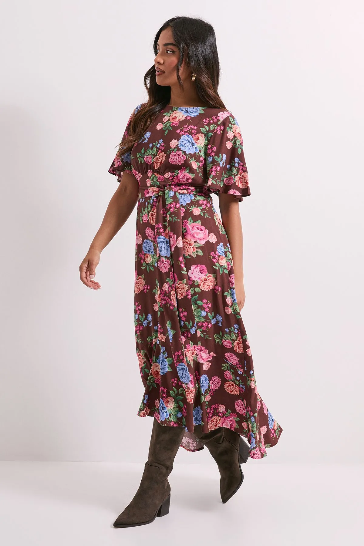 Petite Floral Empire Seam Angel Sleeve Midaxi Dress