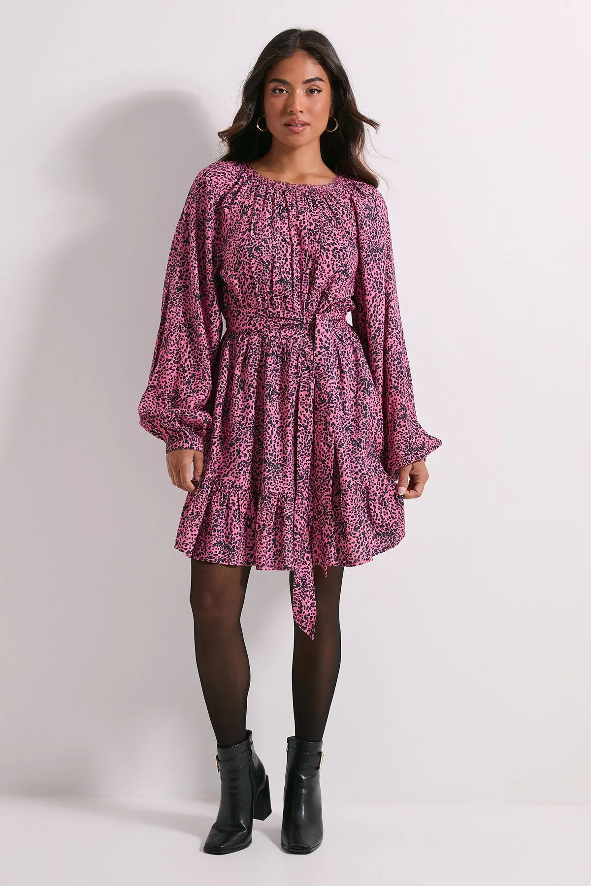 Petite Pink Animal Printed Blouson Sleeve Mini Dress