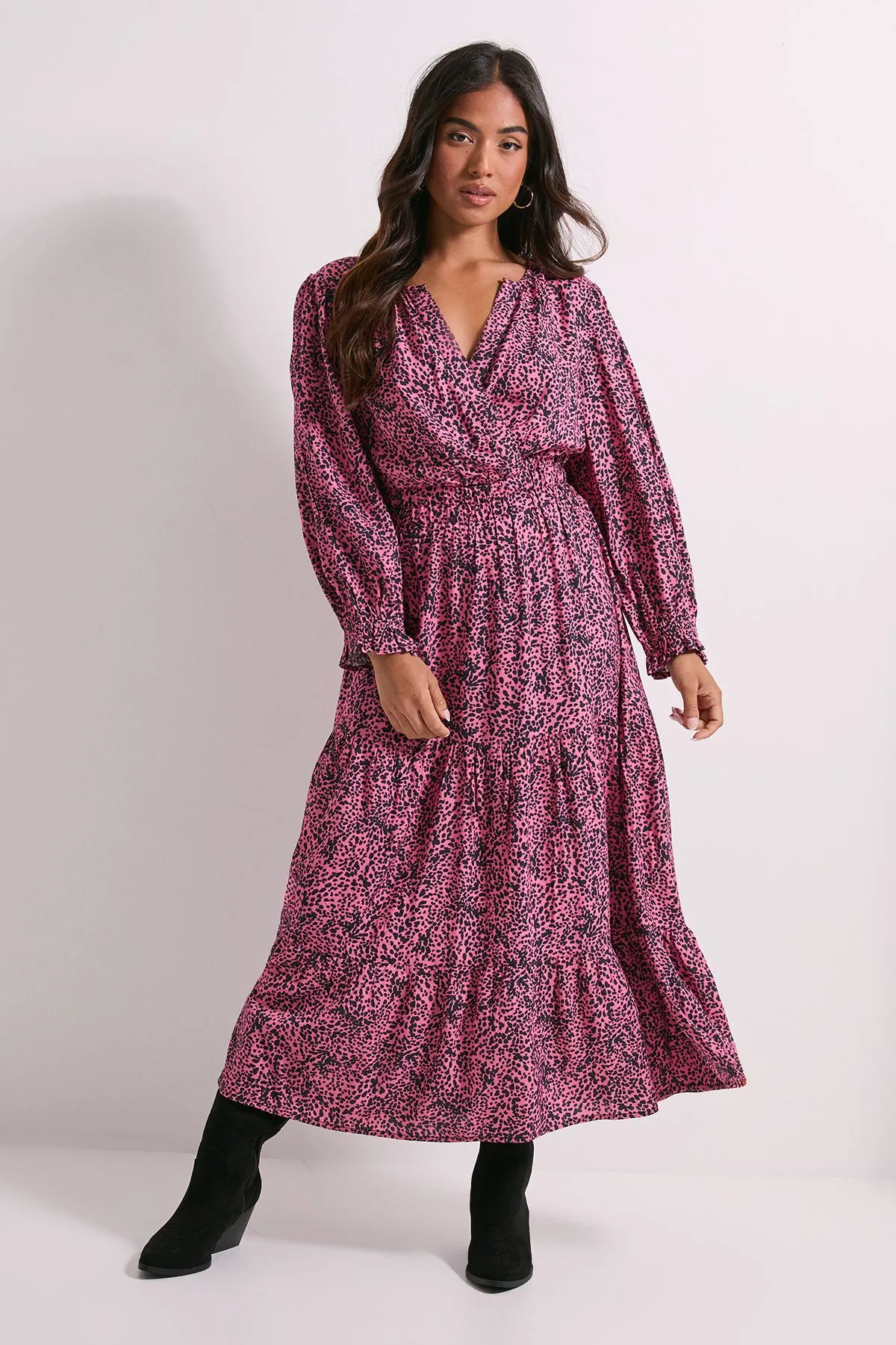 Petite Pink Animal Wrap Front Tiered Skirt Midaxi Dress