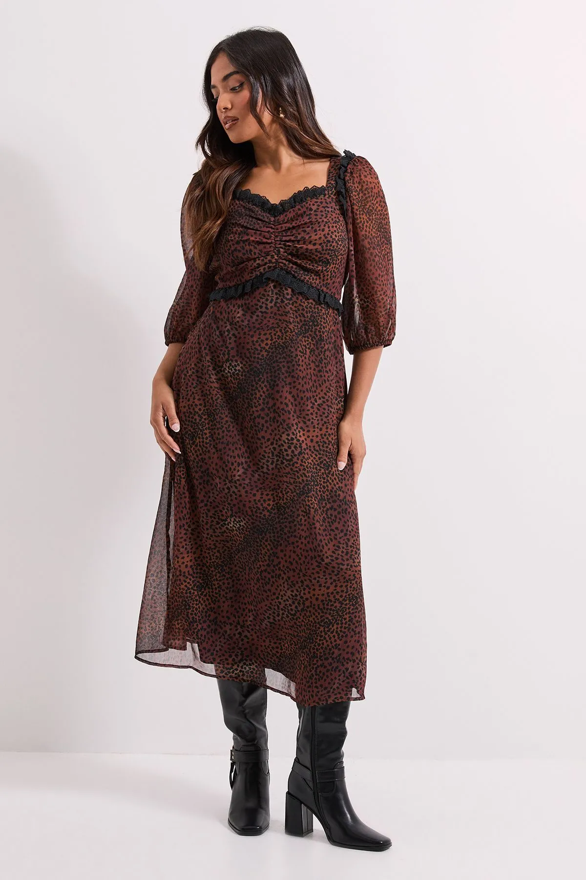 Petite Animal Printed Lace Trim Blouson Sleeve Midi Dress