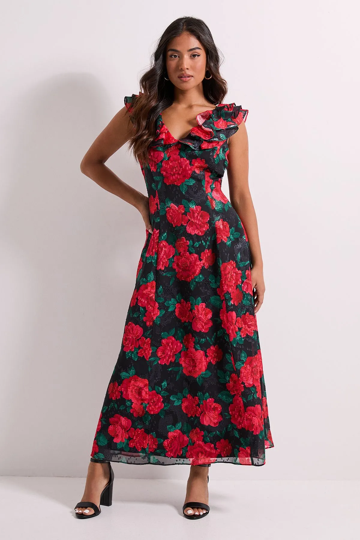 Petite DP Luxe Black Floral Printed Jacquard Chiffon Ruffle Front Sleeveless Midi Dress