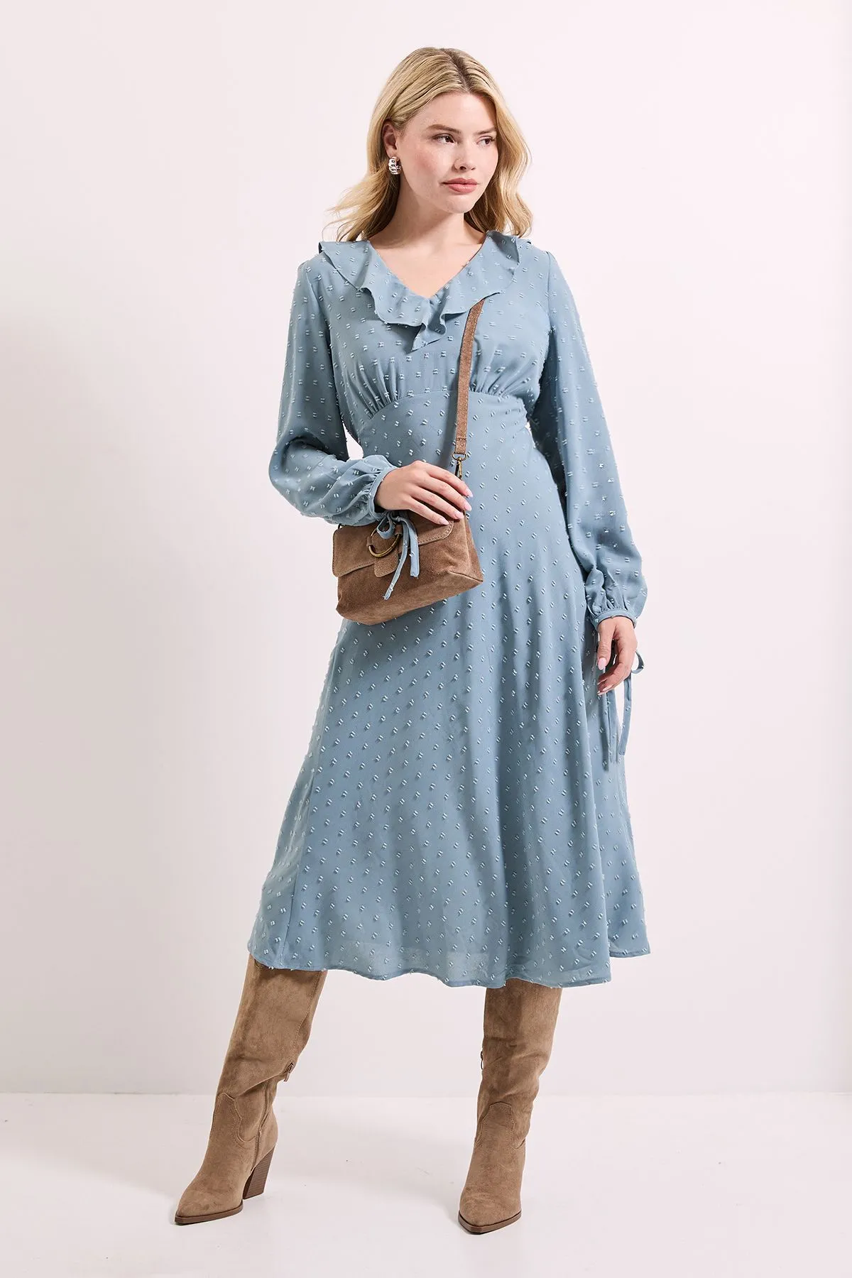 Ruffle Front Blouson Sleeve Midi Dress