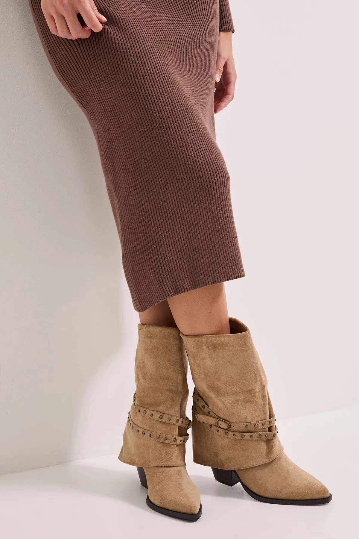 Faith: Ruby Faux Suede Buckle And Stud Detail Western Cowboy Calf Boots