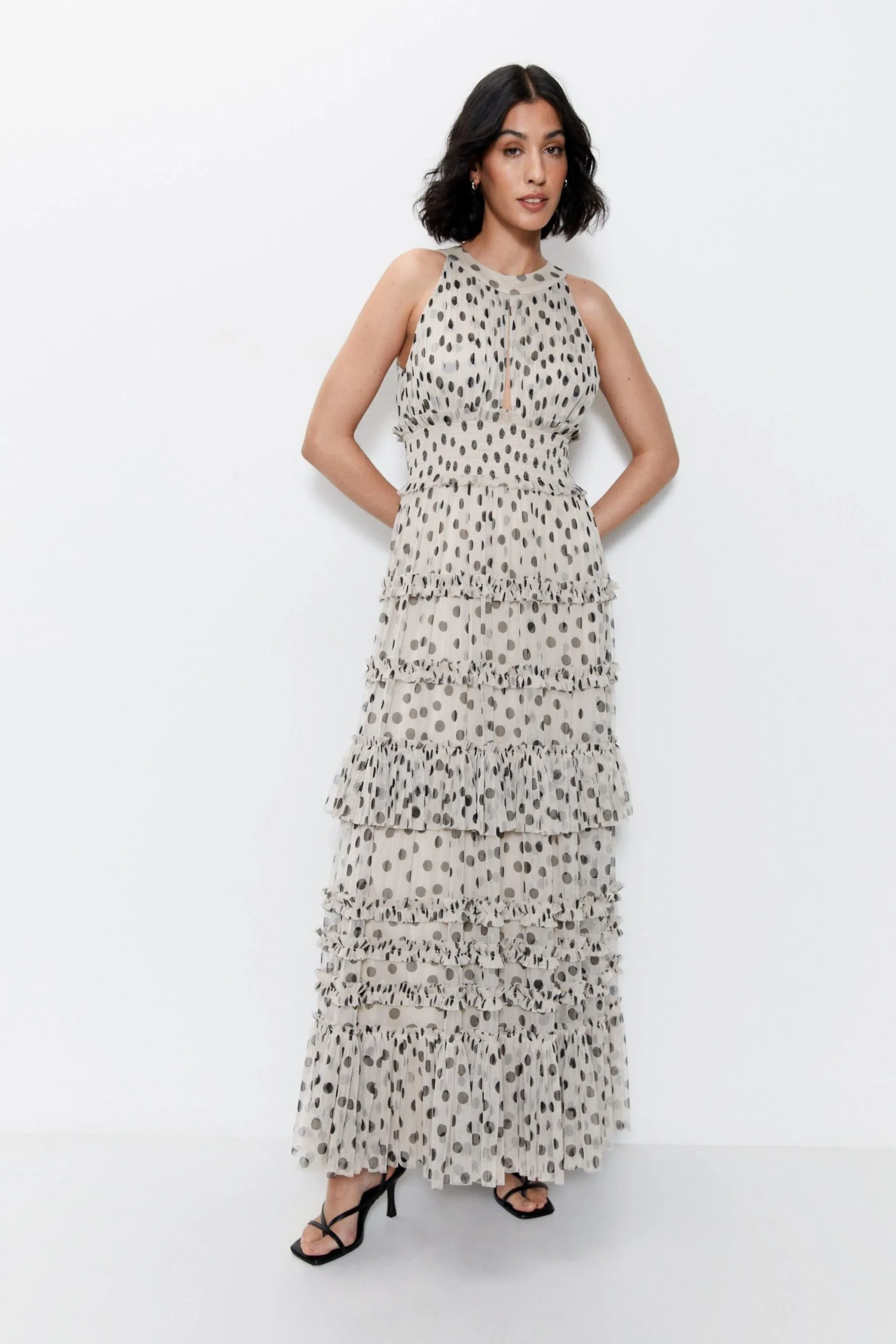 Polka Dot Printed Tulle Keyhole Halter Maxi Dress