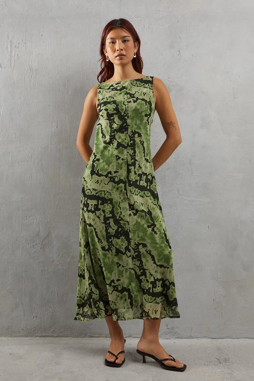 Abstract Chiffon Slash Neck Bias Sleeveless Midi Dress