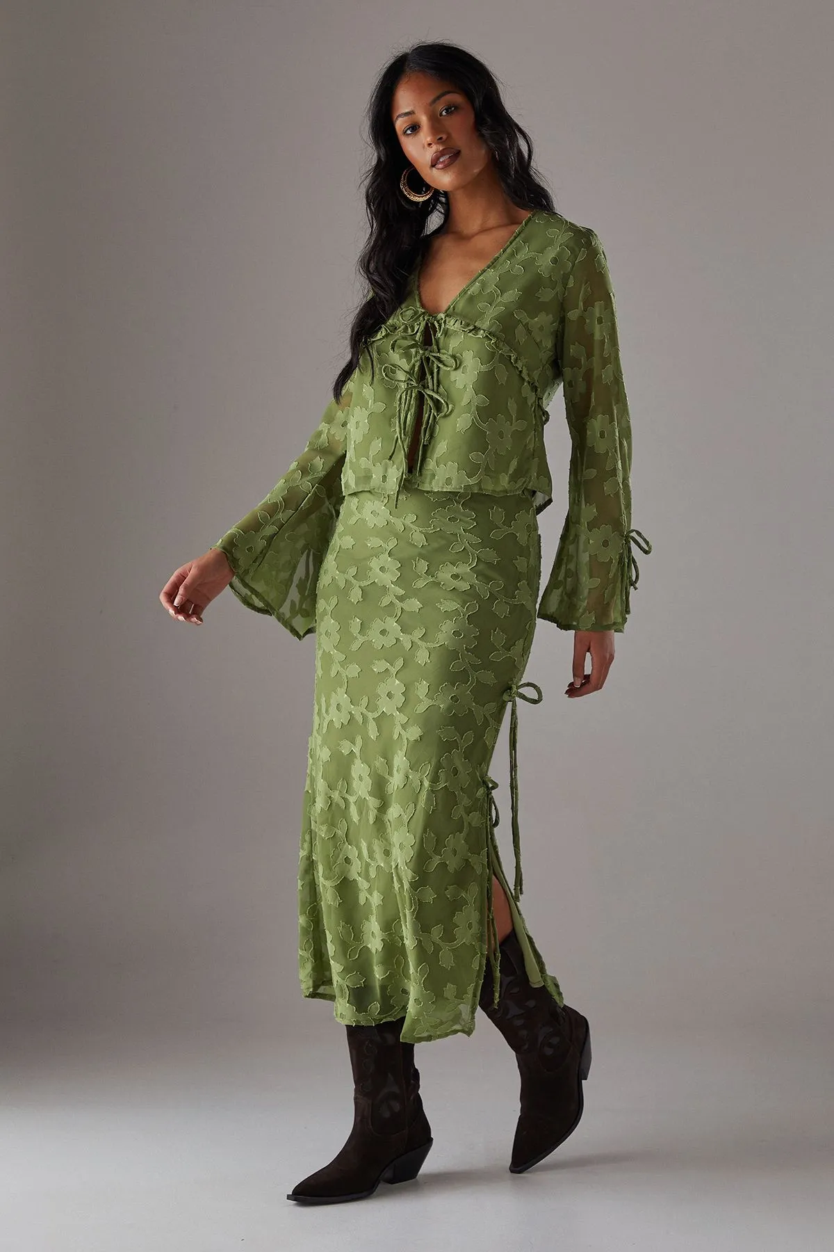 Burnout Chiffon Bias Tie Side Midi Skirt