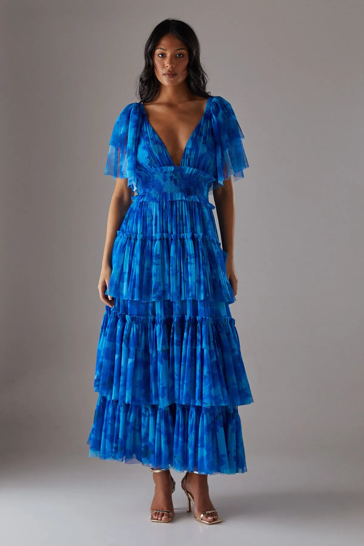 Tulle Floral Plunge Neck Flutter Sleeve Tier Maxi Dress