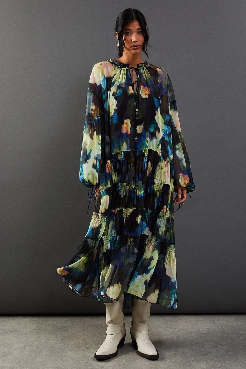 Floral Chiffon Button Tier Smock Midi Dress