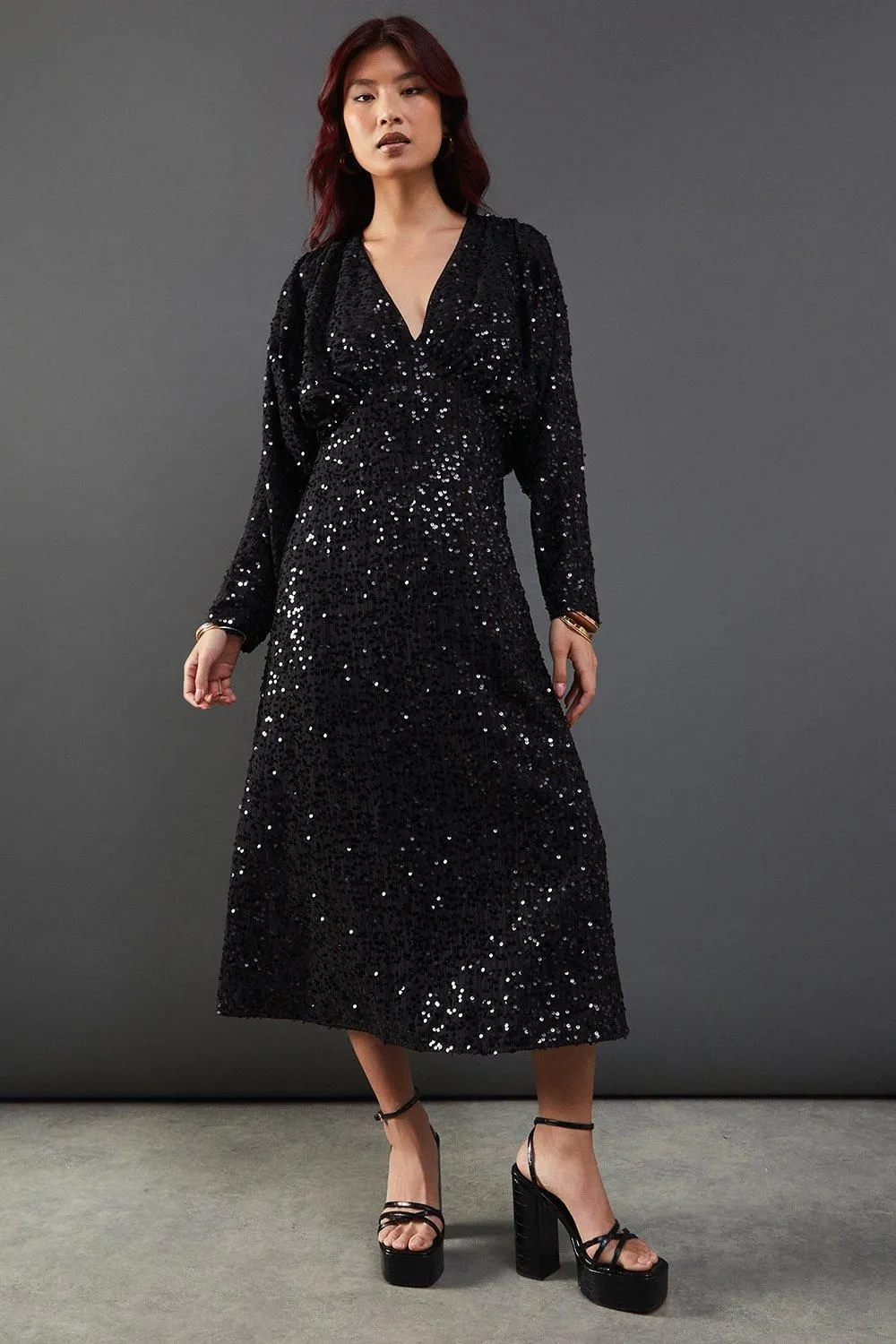 Sequin Crinkle Batwing Plunge Neck Midi Dress