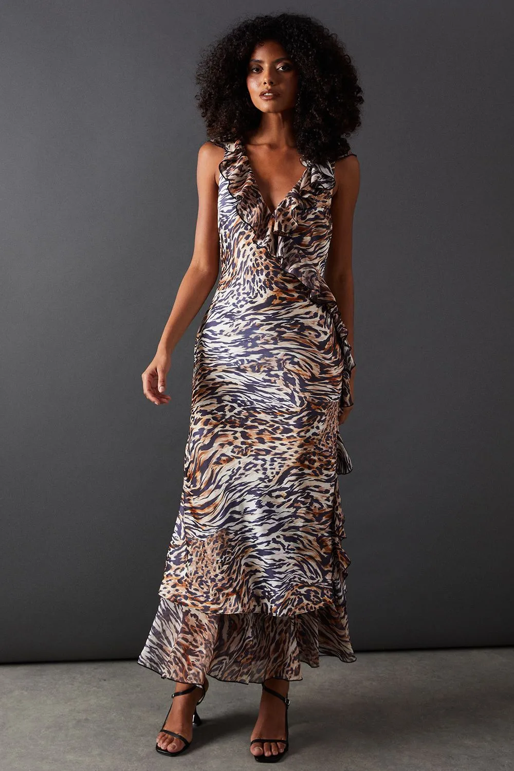 Animal Satin Wrap Chiffon Frill Detail Midi Dress