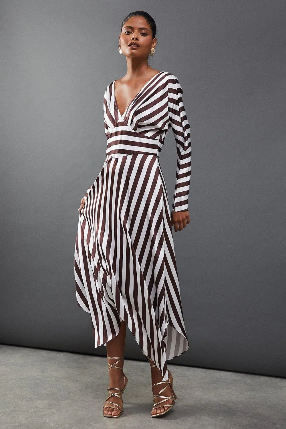 Stripe Satin Batwing Waisted Hanky Hem Midi Dress